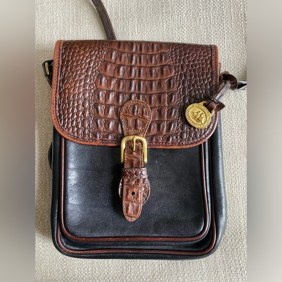 Brahmin Bag Vintage Leather Croc Crossbody Purse Black and Brown - Picture 1 of 9